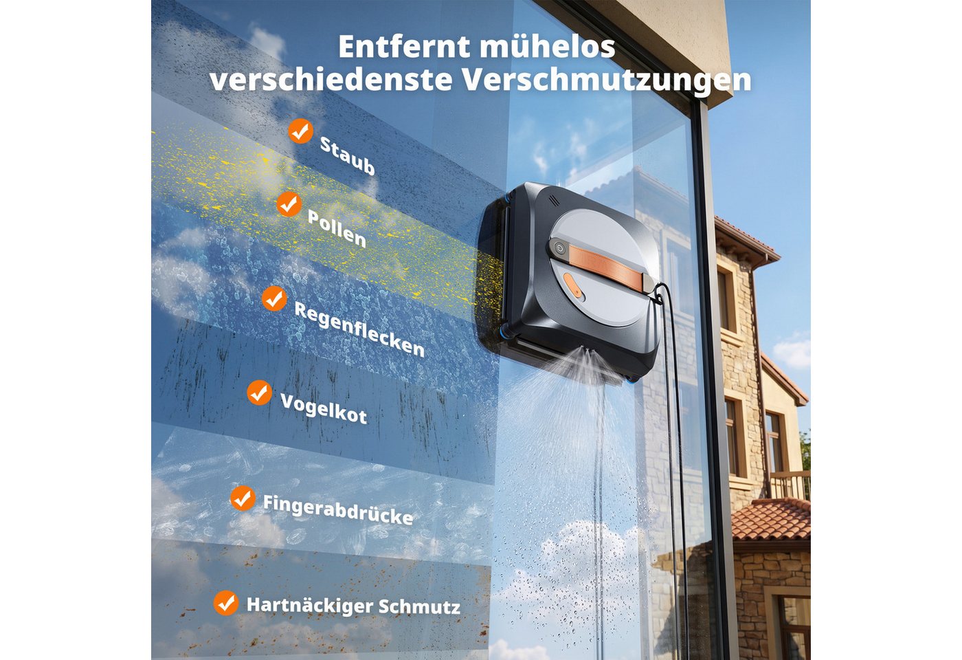 Airmsen Fensterputzroboter 8000Pa Fensterreiniger Elektrisch mit 160ml Wassertank, 4 Modes, Anti-Rutsch-Räder,Sprachsteuerung, automatische Fensterreinigung