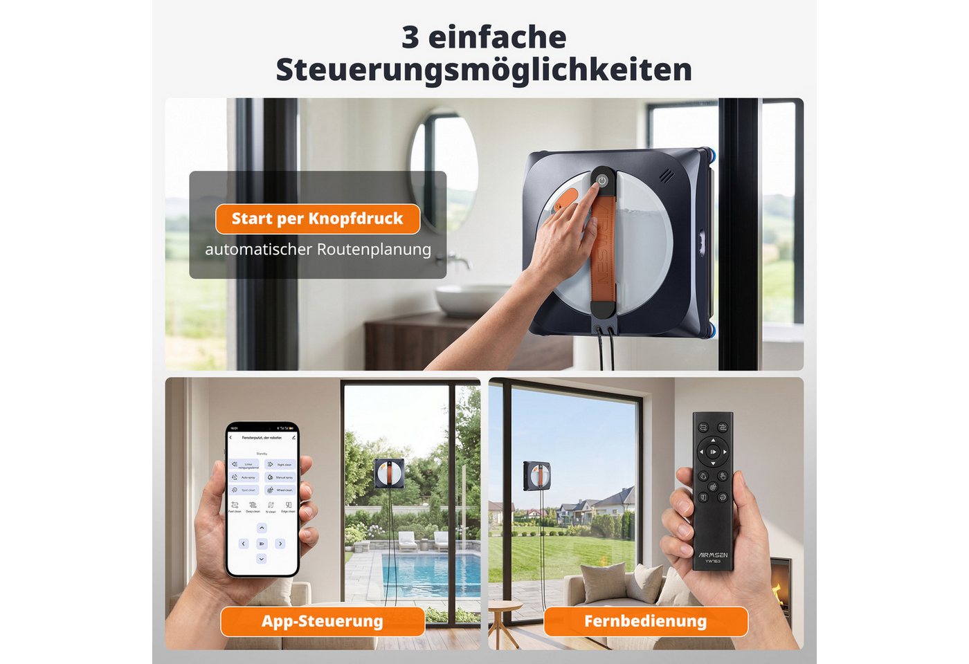 Airmsen Fensterputzroboter 8000Pa Fensterreiniger Elektrisch mit 160ml Wassertank, 4 Modes, Anti-Rutsch-Räder,Sprachsteuerung, automatische Fensterreinigung Bild 2