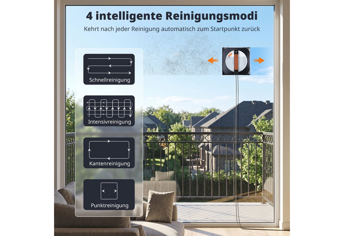 Airmsen Fensterputzroboter 8000Pa Fensterreiniger Elektrisch mit 160ml Wassertank, 4 Modes, Anti-Rutsch-Räder,Sprachsteuerung, automatische Fensterreinigung Bild 3