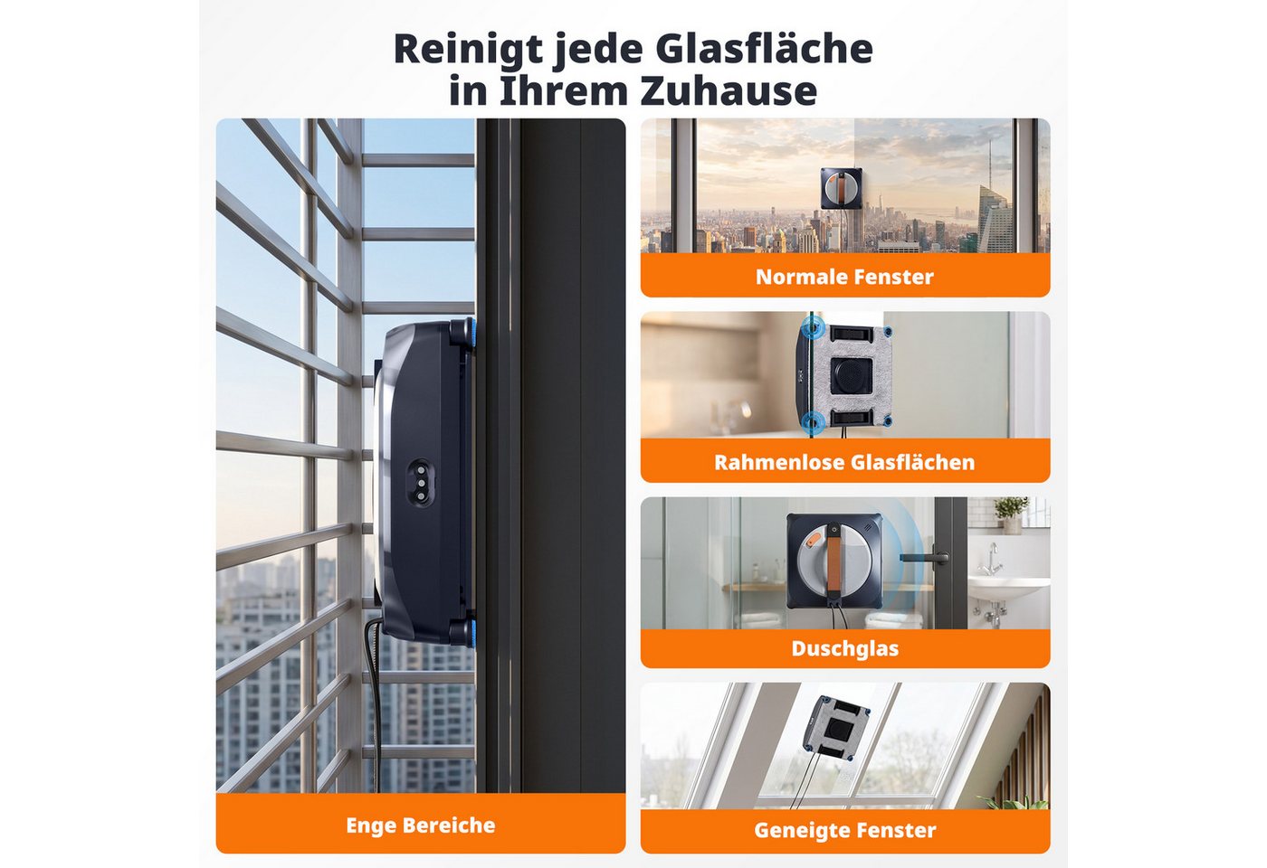 Airmsen Fensterputzroboter 8000Pa Fensterreiniger Elektrisch mit 160ml Wassertank, 4 Modes, Anti-Rutsch-Räder,Sprachsteuerung, automatische Fensterreinigung Bild 4