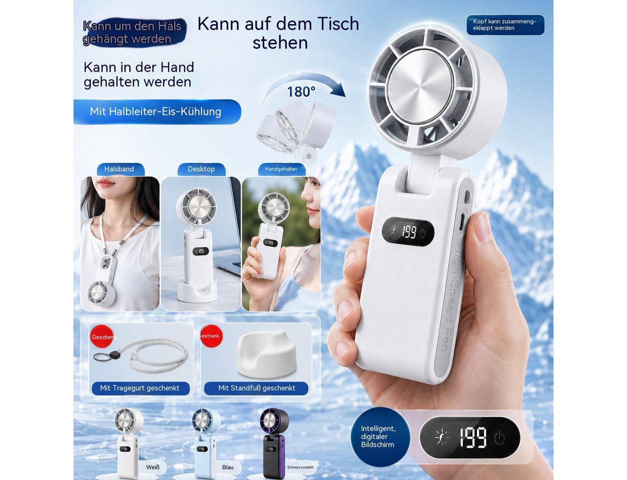 Mrilary Handventilator Tragbarer Handventilator mit Kühlfunktion,199 Stufen Geschwindigkeiten, 3-in-1 Hand-, Tisch- & Halsventilator, USB-C wiederaufladbar