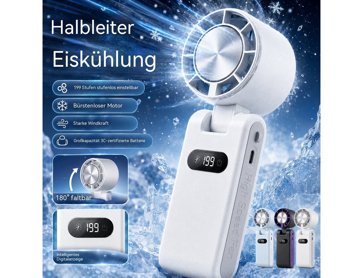 Mrilary Handventilator Tragbarer Handventilator mit Kühlfunktion,199 Stufen Geschwindigkeiten, 3-in-1 Hand-, Tisch- & Halsventilator, USB-C wiederaufladbar Bild 3