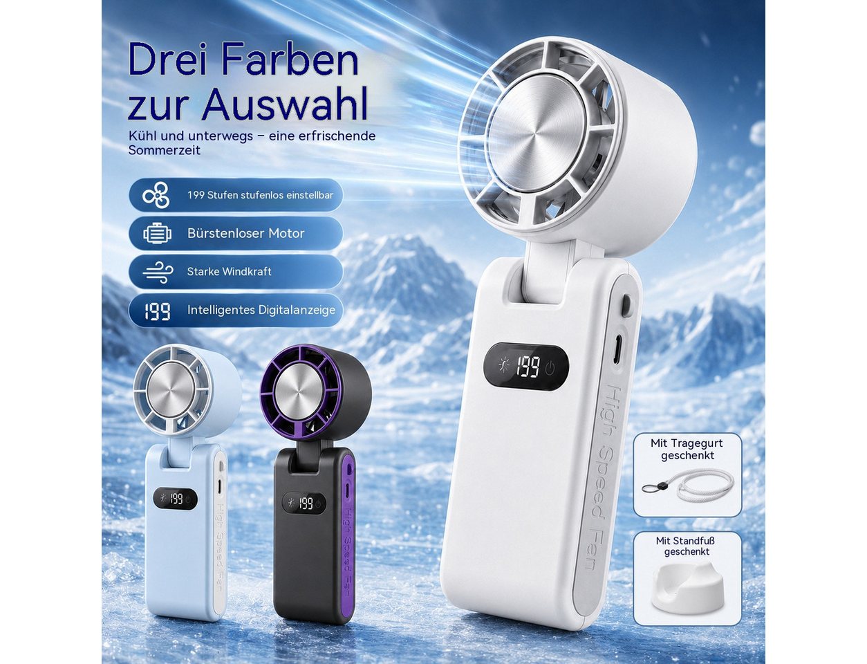 Mrilary Handventilator Tragbarer Handventilator mit Kühlfunktion,199 Stufen Geschwindigkeiten, 3-in-1 Hand-, Tisch- & Halsventilator, USB-C wiederaufladbar Bild 4