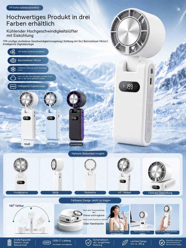 Mrilary Handventilator Tragbarer Handventilator mit Kühlfunktion,199 Stufen Geschwindigkeiten, 3-in-1 Hand-, Tisch- & Halsventilator, USB-C wiederaufladbar Bild 5