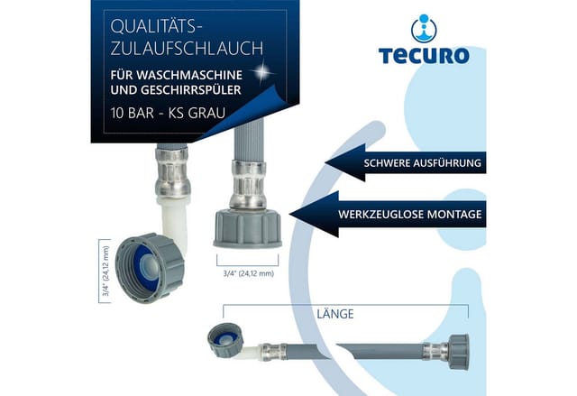 Puteus - tecuro Zulaufschlauch 1,00 m, für Waschmaschine Geschirrspüler, 10 bar, KS-grau