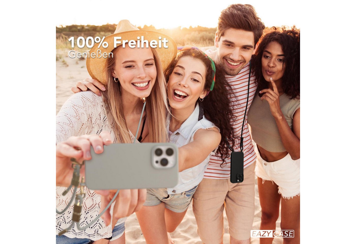 EAZY CASE Handykette Carabiner Chain für Apple iPhone 14 Pro Max 6,7 Zoll, Schutzhülle zum Umhängen Handyhülle mit Umhängeband Schwarz Grau Taupe