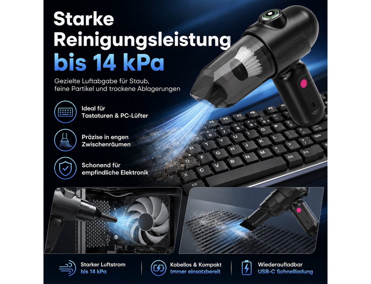 Diyarts Akku-Handstaubsauger, beutellos, LED-Anzeige, 300-ml-Staubbehälter, USB-C und 5 Aufsätze