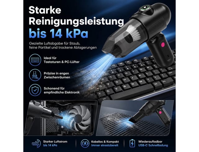 Diyarts Akku-Handstaubsauger, beutellos, LED-Anzeige, 300-ml-Staubbehälter, USB-C und 5 Aufsätze