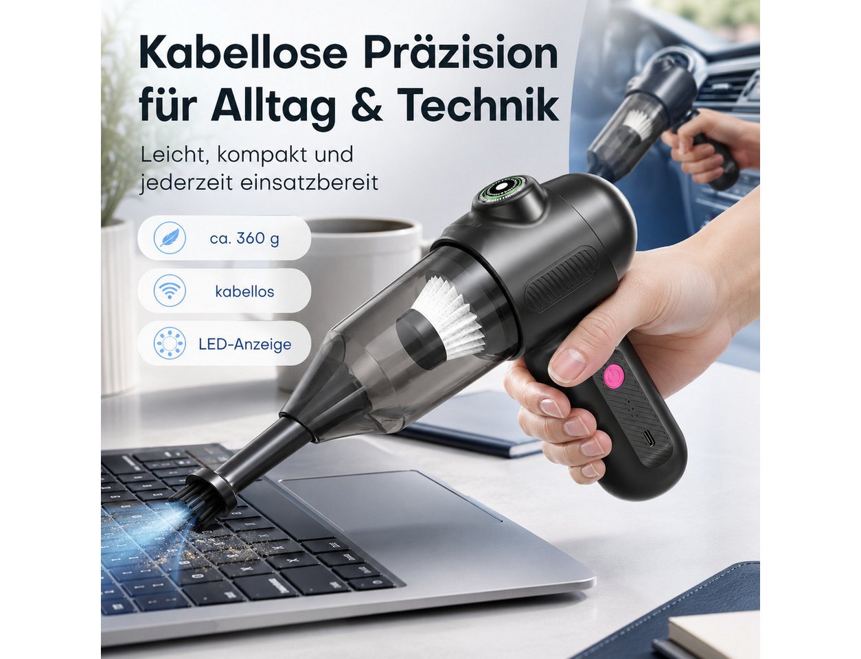 Diyarts Akku-Handstaubsauger, beutellos, LED-Anzeige, 300-ml-Staubbehälter, USB-C und 5 Aufsätze Bild 2