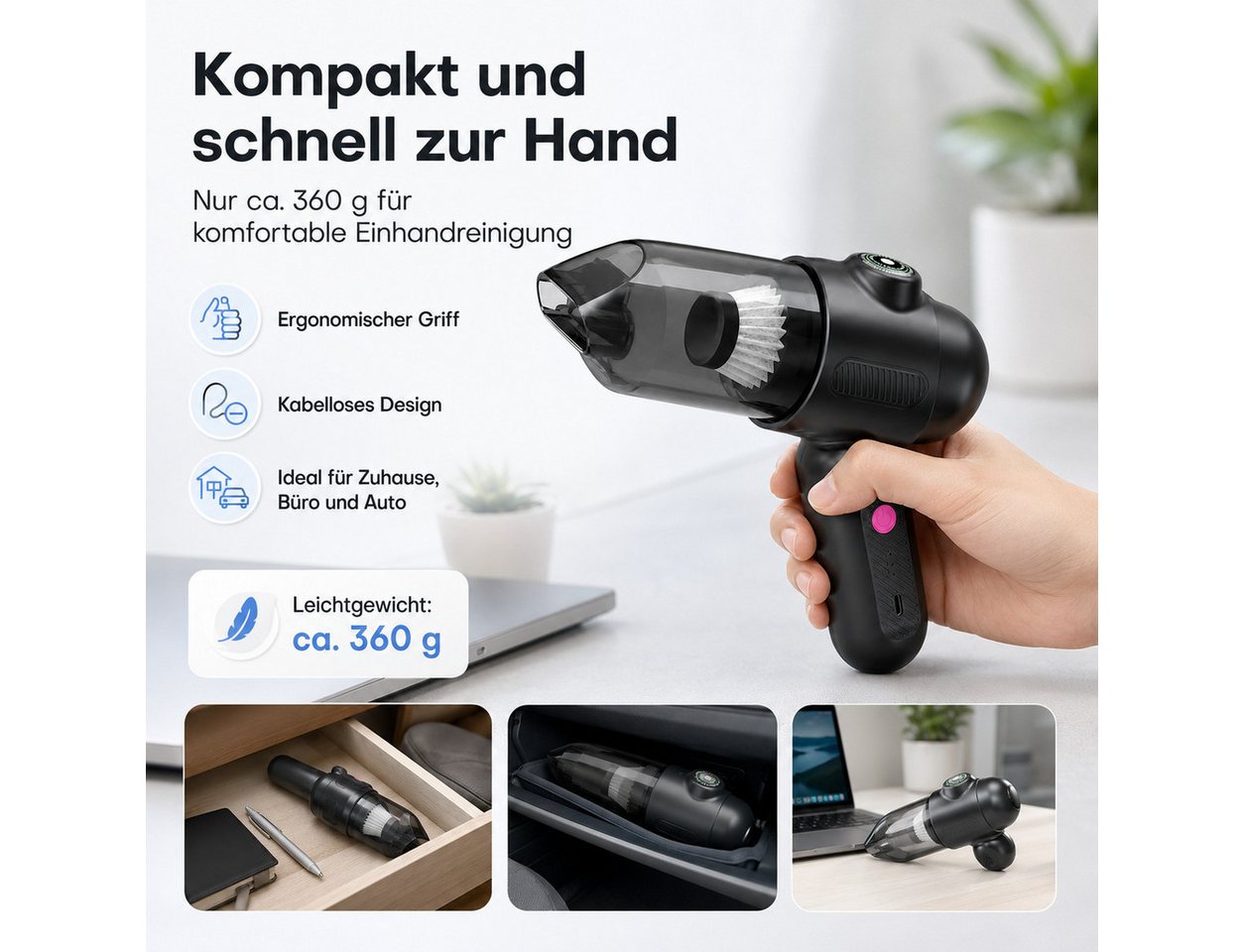 Diyarts Akku-Handstaubsauger, beutellos, LED-Anzeige, 300-ml-Staubbehälter, USB-C und 5 Aufsätze Bild 5