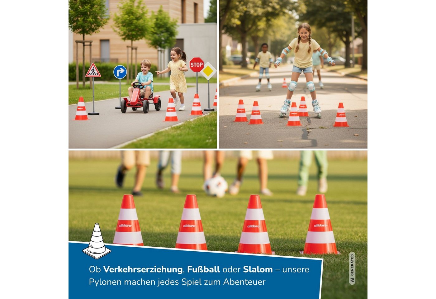alldoro Pylonen 20er Set für Kinder, Kunststoff-Leitkegel orange-weiß, 18 cm hoch, Verkehrshütchen für Spiel, Sport, Freizeit & Verkehrserziehung