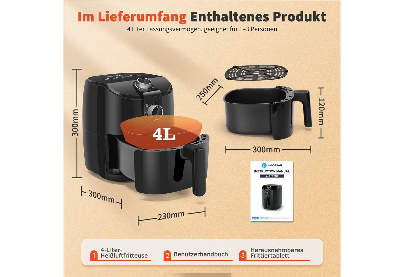 Aigostar Heißluftfritteuse, 1500,00 W, 30-Minuten-Timer, einstellbare Temperatur für gesundes