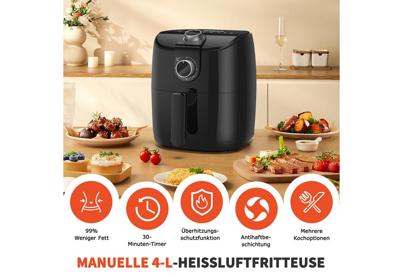Aigostar Heißluftfritteuse, 1500,00 W, 30-Minuten-Timer, einstellbare Temperatur für gesundes Bild 2