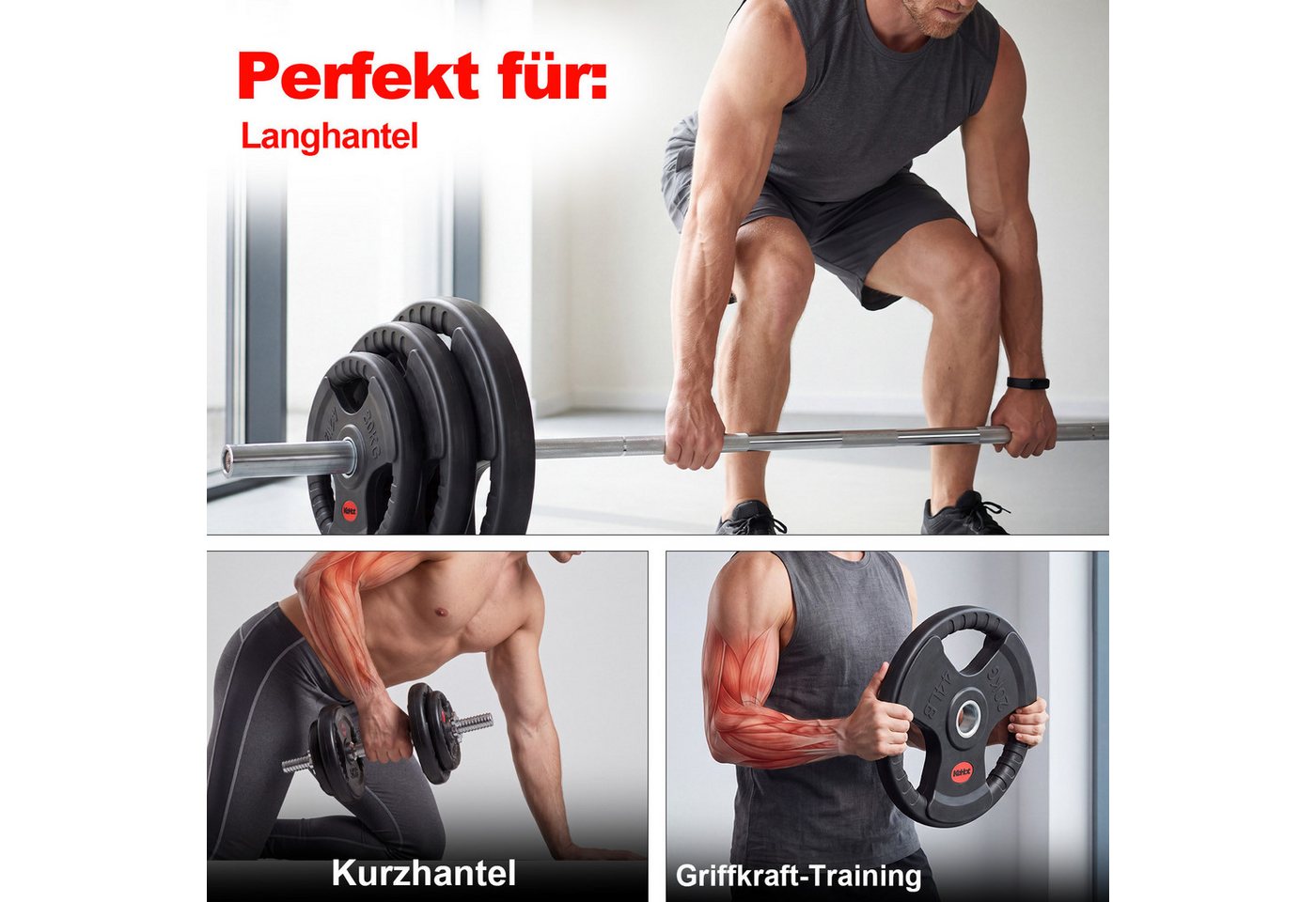 kehot Hantelscheiben Hantelscheiben 50 mm, Tri-Grip Design, Gusseisenkern, PVC-Gummierung, 40 kg, (2 x 20 kg Gewichtsscheiben für Langhanteltraining, 2-tlg., Für schwere Grundübungen und hohe Trainingslasten), Ergonomische Griffe für leichtes Wechseln & sicheres Heben Bild 2