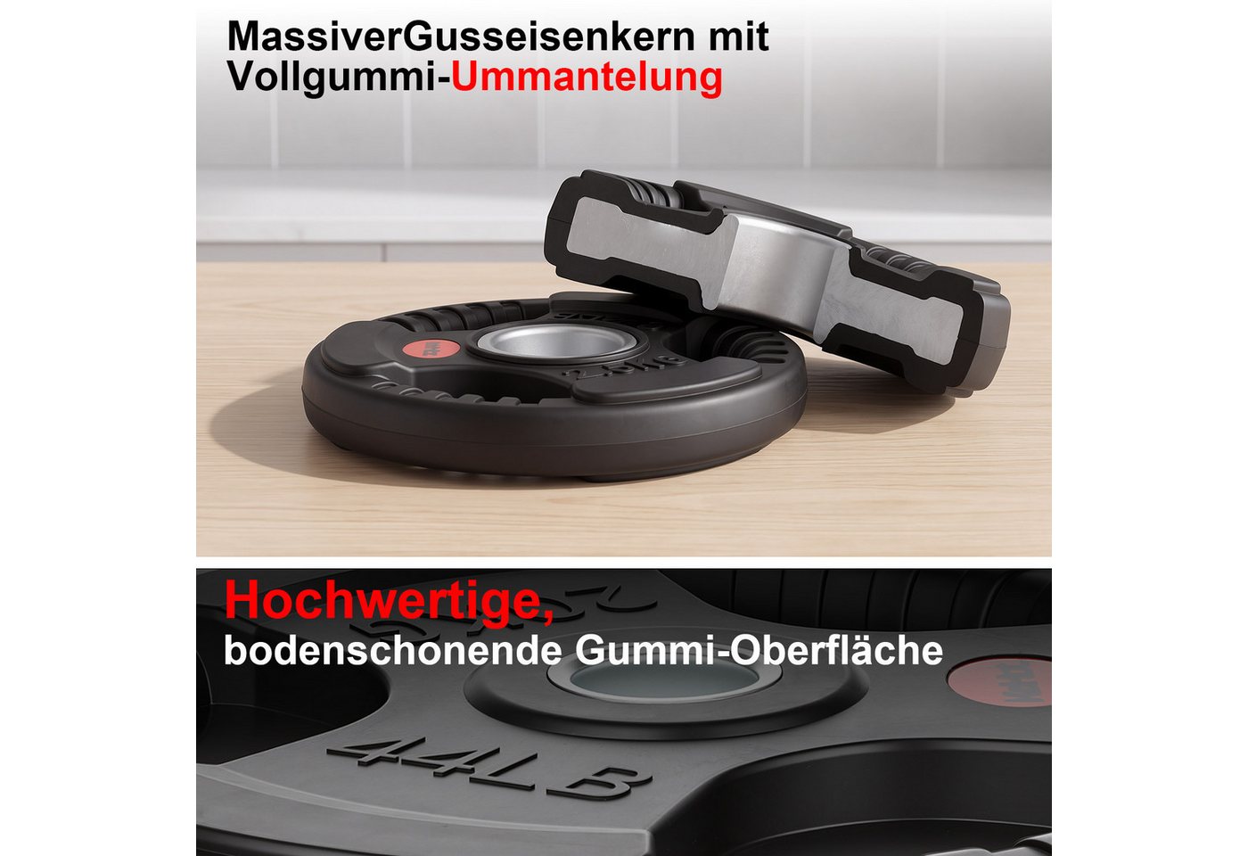 kehot Hantelscheiben Hantelscheiben 50 mm, Tri-Grip Design, Gusseisenkern, PVC-Gummierung, 40 kg, (2 x 20 kg Gewichtsscheiben für Langhanteltraining, 2-tlg., Für schwere Grundübungen und hohe Trainingslasten), Ergonomische Griffe für leichtes Wechseln & sicheres Heben Bild 3