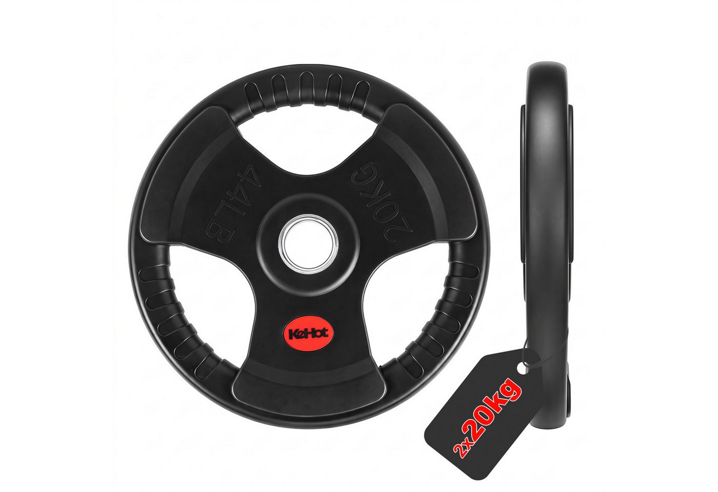 kehot Hantelscheiben Hantelscheiben 50 mm, Tri-Grip Design, Gusseisenkern, PVC-Gummierung, 40 kg, (2 x 20 kg Gewichtsscheiben für Langhanteltraining, 2-tlg., Für schwere Grundübungen und hohe Trainingslasten), Ergonomische Griffe für leichtes Wechseln & sicheres Heben Bild 4