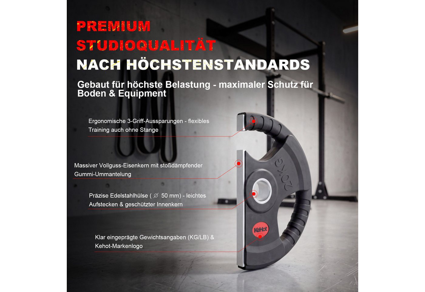 kehot Hantelscheiben Hantelscheiben 50 mm, Tri-Grip Design, Gusseisenkern, PVC-Gummierung, 40 kg, (2 x 20 kg Gewichtsscheiben für Langhanteltraining, 2-tlg., Für schwere Grundübungen und hohe Trainingslasten), Ergonomische Griffe für leichtes Wechseln & sicheres Heben Bild 5
