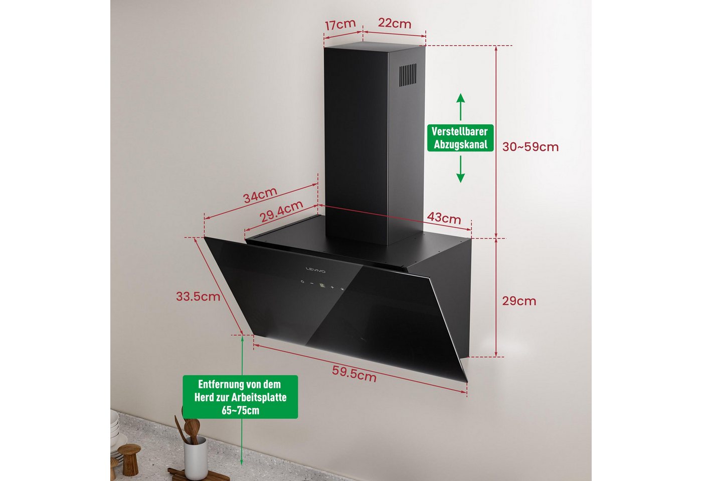 Levivo Kopffreihaube A+++ Dunstabzugshaube 60cm Umluft & Abluft mit 420 m³/h Luftleistung Aktivkohlefiltern, Fettfiltern, LED-Beleuchtung