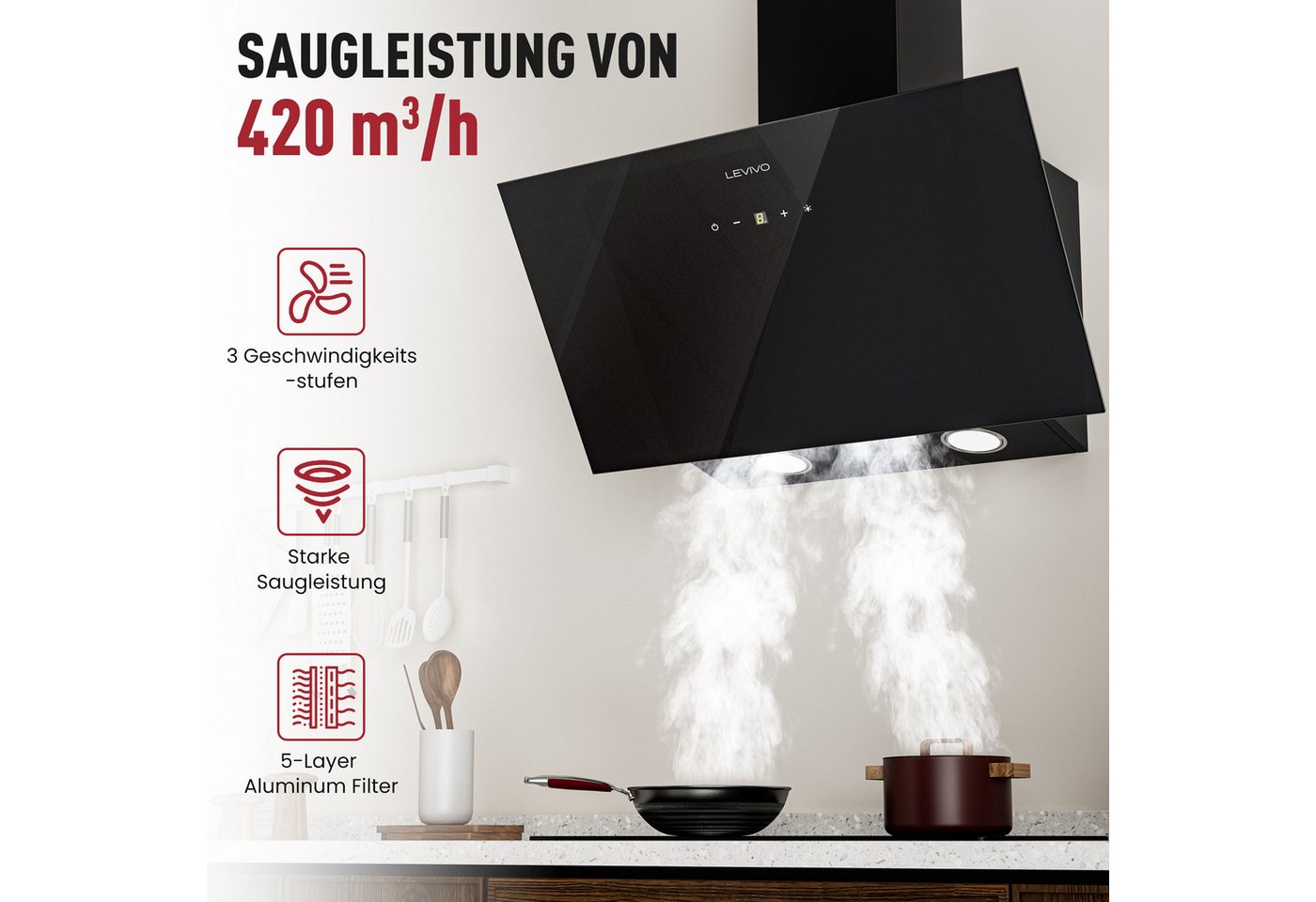 Levivo Kopffreihaube A+++ Dunstabzugshaube 60cm Umluft & Abluft mit 420 m³/h Luftleistung Aktivkohlefiltern, Fettfiltern, LED-Beleuchtung Bild 2