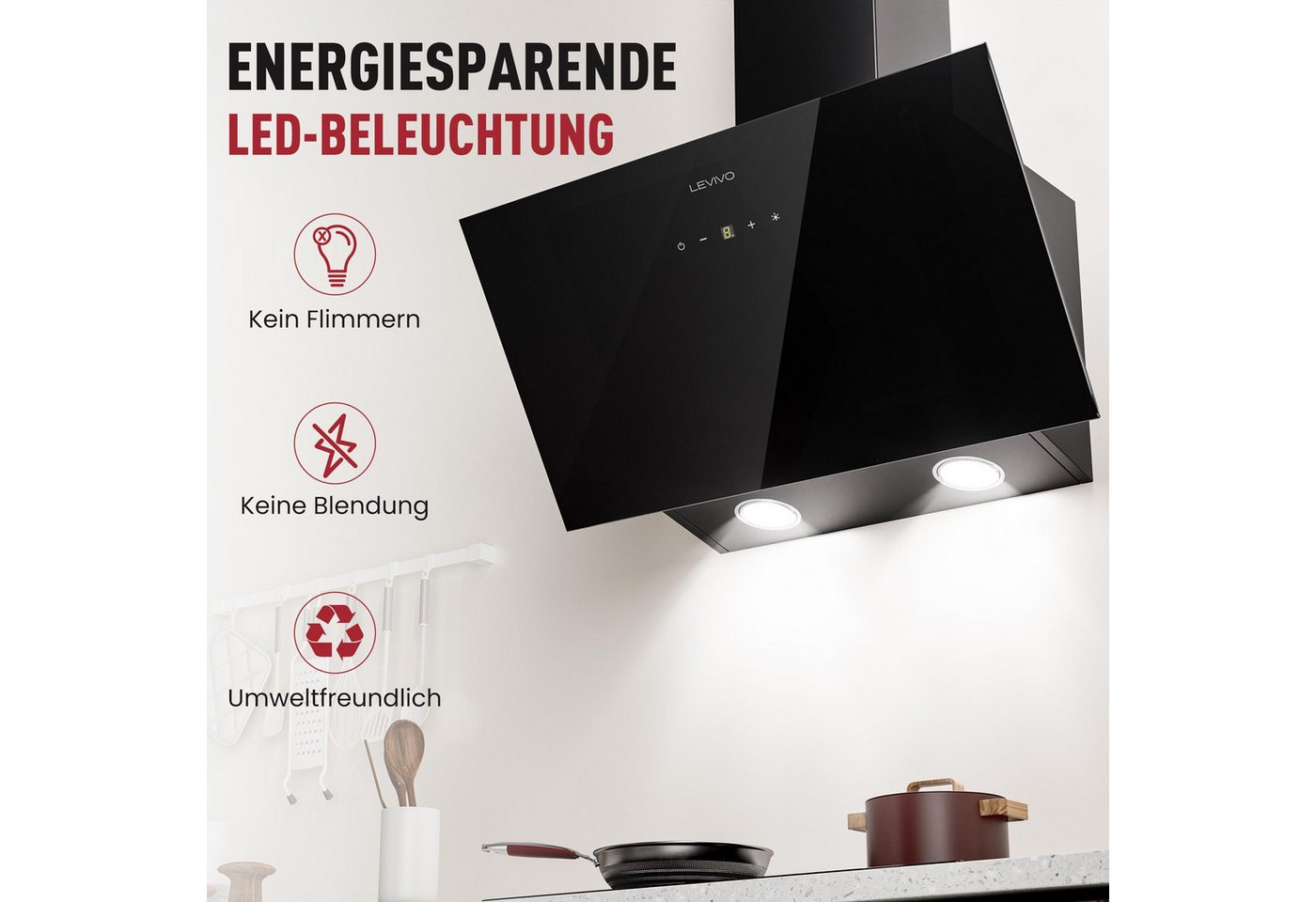 Levivo Kopffreihaube A+++ Dunstabzugshaube 60cm Umluft & Abluft mit 420 m³/h Luftleistung Aktivkohlefiltern, Fettfiltern, LED-Beleuchtung Bild 5