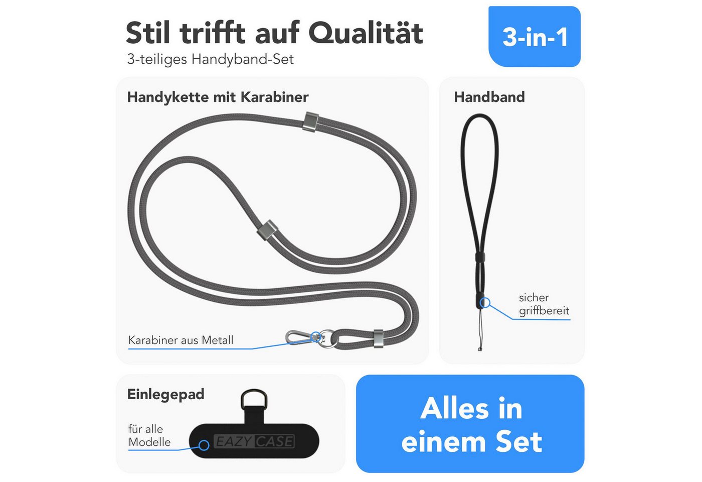 EAZY CASE Handykette Universal Handykette für alle Modelle zum Umhängen, Handykette für Xiaomi Huawei Samsung iPhone Klebepad + Karabiner Grau