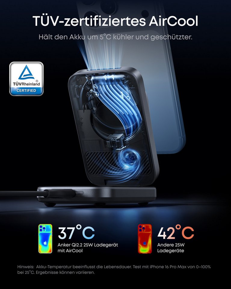 Anker Anker Prime 3-in-1 Ladestation,Qi2.2 25W, AirCool kabelloses Ladegerät Induktions-Ladegerät (MagSafe-kompatibel für iPhone, Apple Watch & AirPods (ohne Akku)