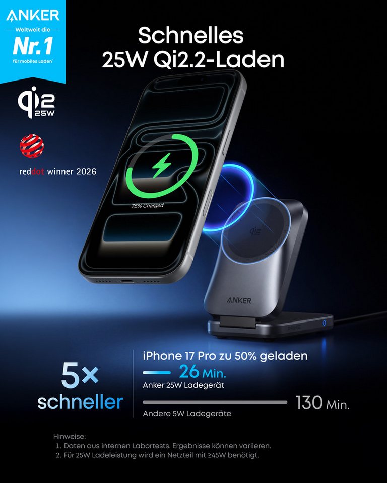 Anker Anker Prime 3-in-1 Ladestation,Qi2.2 25W, AirCool kabelloses Ladegerät Induktions-Ladegerät (MagSafe-kompatibel für iPhone, Apple Watch & AirPods (ohne Akku) Bild 5