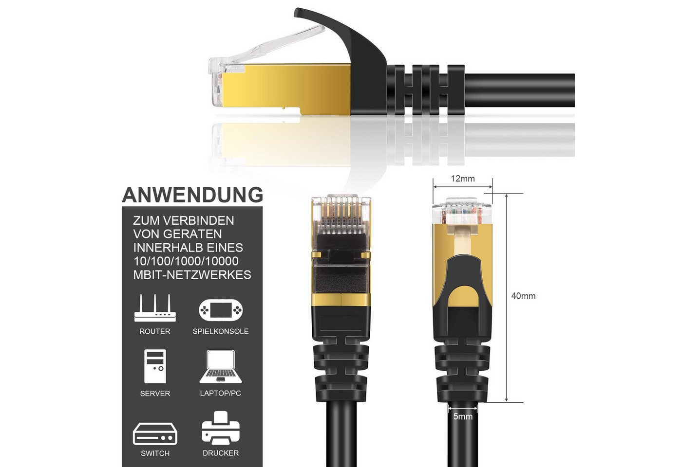 VERCO Cat 7 Netzwerkkabel rundes LAN-Kabel, RJ-45 (Ethernet), (800 cm), 10 / 100 / 1000 Mbits Geschwindigkeit bis 1 Gbits S/FTP Patchkabel Bild 3