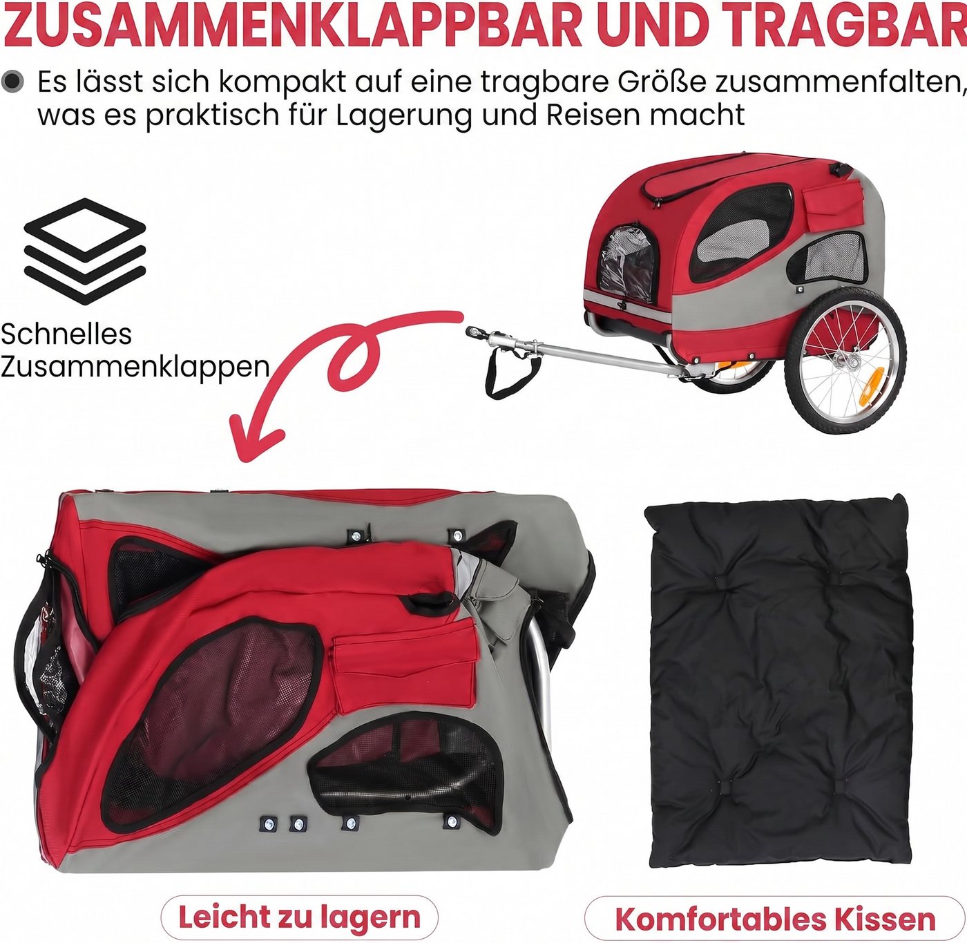 Fiximaster Fahrradhundeanhänger faltbar, mit Reflektoren und gepolstertem Innenraum, Fahrradanhänger für Hunde, bis 30 kg Traglast Bild 2
