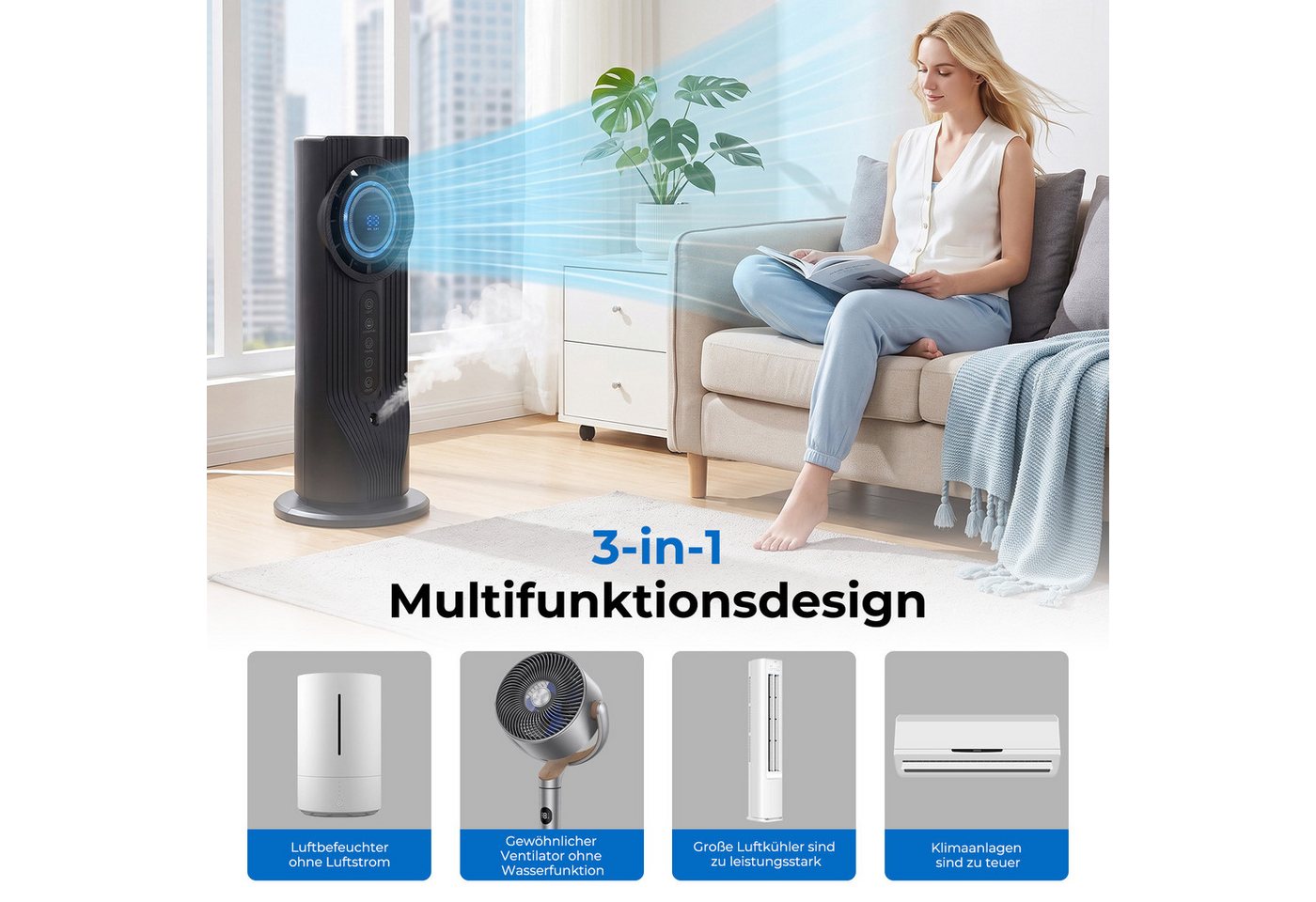 AKKEE Tischventilator mit Luftumwälzung Mini Klimaanlage Geräuscharmer Betrieb, 6 Geschwindigkeitsstufen Timer Bild 4