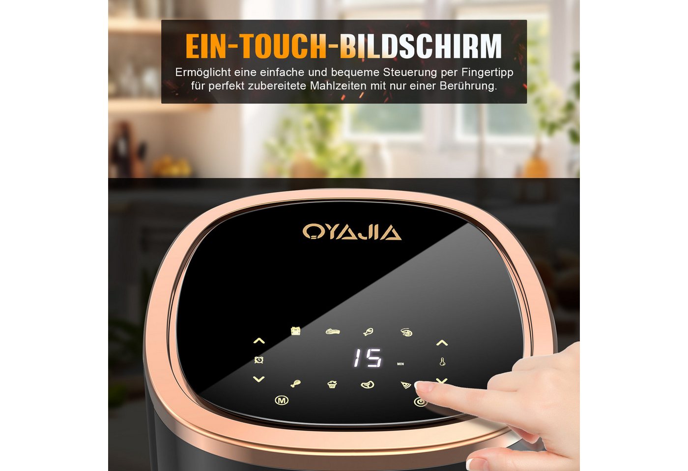 oyajia Heißluftfritteuse Heißluftfritteuse 6L mit Sichtfenster Airfyer 1 kg Fassungsvermögen, 1800,00 W, bis 200°C, 8 Programme Heissluftfritteuse Easy Air Fryer Braten Rösten