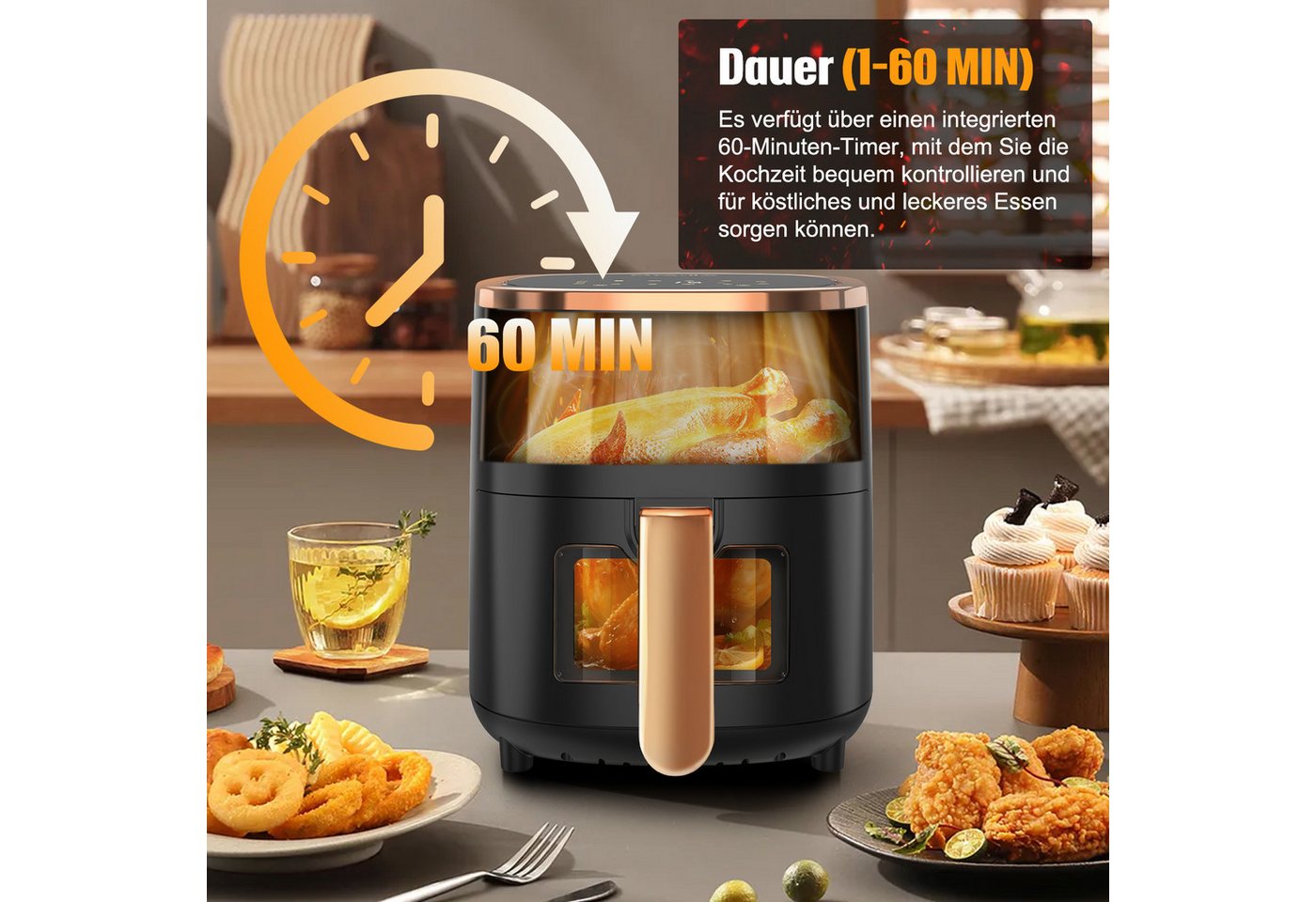 oyajia Heißluftfritteuse Heißluftfritteuse 6L mit Sichtfenster Airfyer 1 kg Fassungsvermögen, 1800,00 W, bis 200°C, 8 Programme Heissluftfritteuse Easy Air Fryer Braten Rösten Bild 3