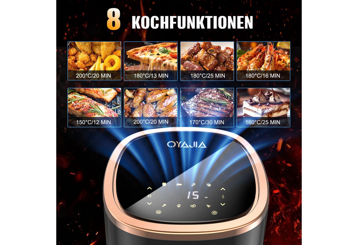 oyajia Heißluftfritteuse Heißluftfritteuse 6L mit Sichtfenster Airfyer 1 kg Fassungsvermögen, 1800,00 W, bis 200°C, 8 Programme Heissluftfritteuse Easy Air Fryer Braten Rösten Bild 4