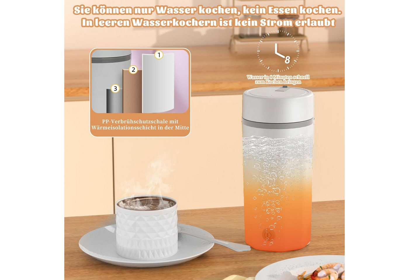 AIMAX Reise-Wasserkocher 500ML Tragbarer Wasserkocher Mini Wasserkocher Edelstahl, Schnell Wasser Kochen Kleiner Wasserkocher für Unterwegs Bild 4