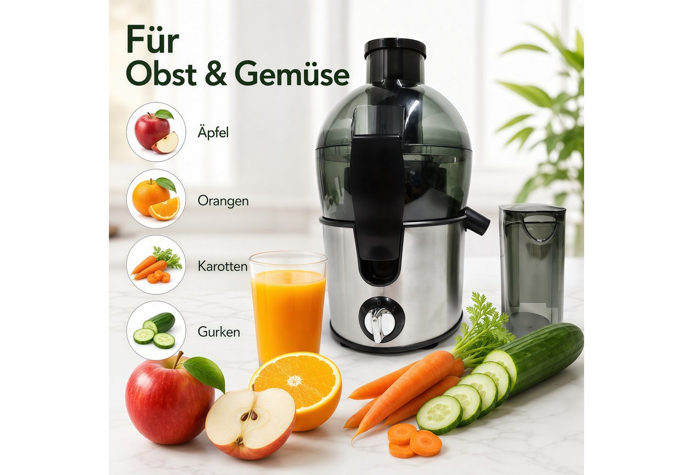 ibettertec Entsafter Slow Juicer Gemüse und Obst,Entsafter aus Edelstahl,Schnelles,BPAFrei, 1500 W, Zentrifugal-Entsafter,Füllöffnung und Zwei Geschwindigkeitsstufen