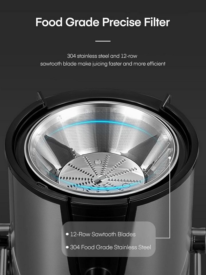 ibettertec Entsafter Slow Juicer Gemüse und Obst,Entsafter aus Edelstahl,Schnelles,BPAFrei, 1500 W, Zentrifugal-Entsafter,Füllöffnung und Zwei Geschwindigkeitsstufen Bild 3