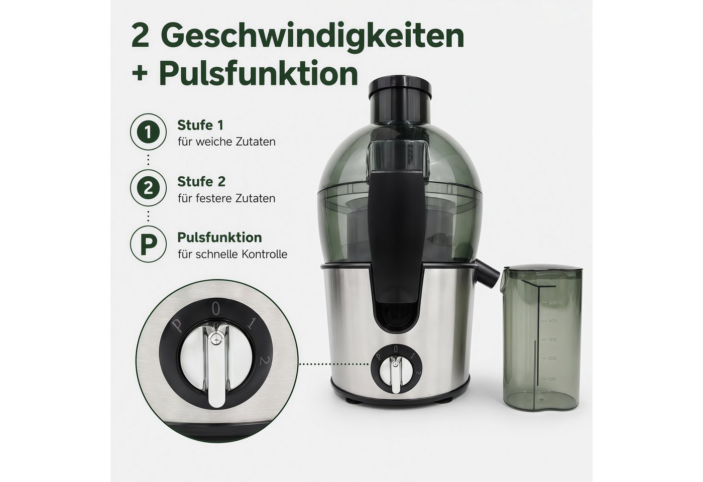 ibettertec Entsafter Slow Juicer Gemüse und Obst,Entsafter aus Edelstahl,Schnelles,BPAFrei, 1500 W, Zentrifugal-Entsafter,Füllöffnung und Zwei Geschwindigkeitsstufen Bild 5