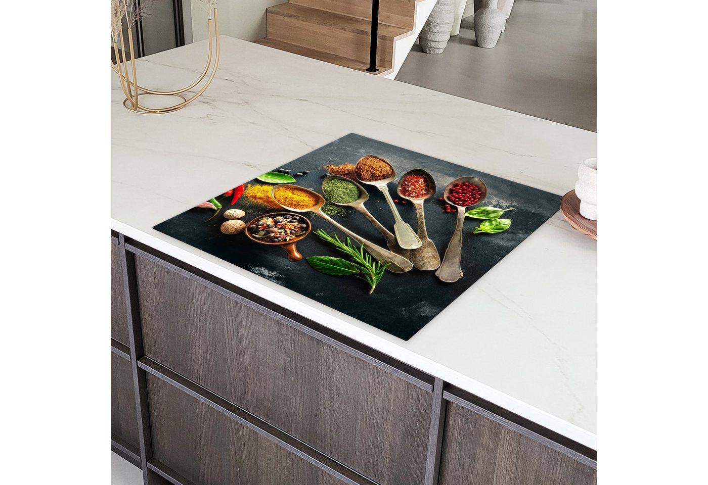 MuchoWow Herd-Abdeckplatte Löffel - Kräuter - Beton, Vinyl, (1 tlg), Cerankochfeld Abdeckung, Herd Abdeckplatten Vinyl, 58x59 cm Bild 4