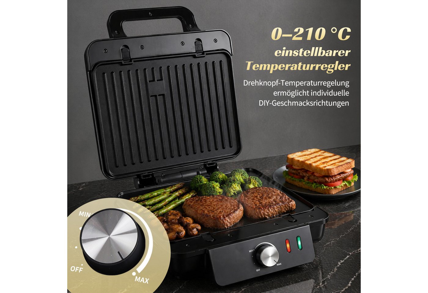 Aigostar 3-in-1-Kombi-Waffeleisen Waffeleisen, Kontaktgrill & Sandwichmaker, keram.Antihaftbeschichtung, 1500 W, einstellbare Temperatur, Multifunktionsgerät mit abnehmbaren Platten