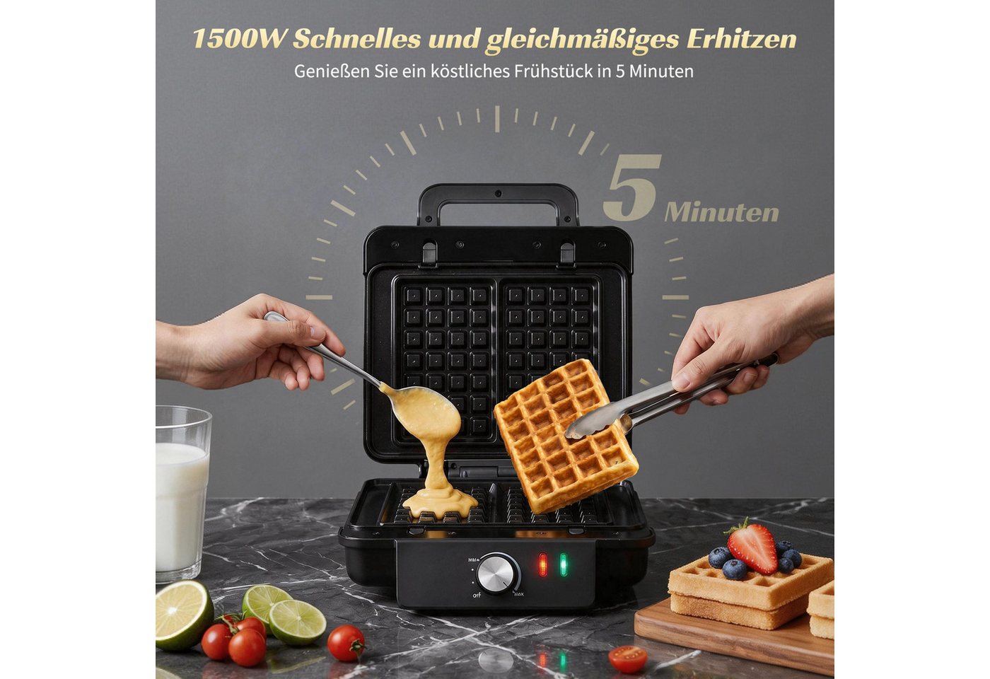 Aigostar 3-in-1-Kombi-Waffeleisen Waffeleisen, Kontaktgrill & Sandwichmaker, keram.Antihaftbeschichtung, 1500 W, einstellbare Temperatur, Multifunktionsgerät mit abnehmbaren Platten Bild 2