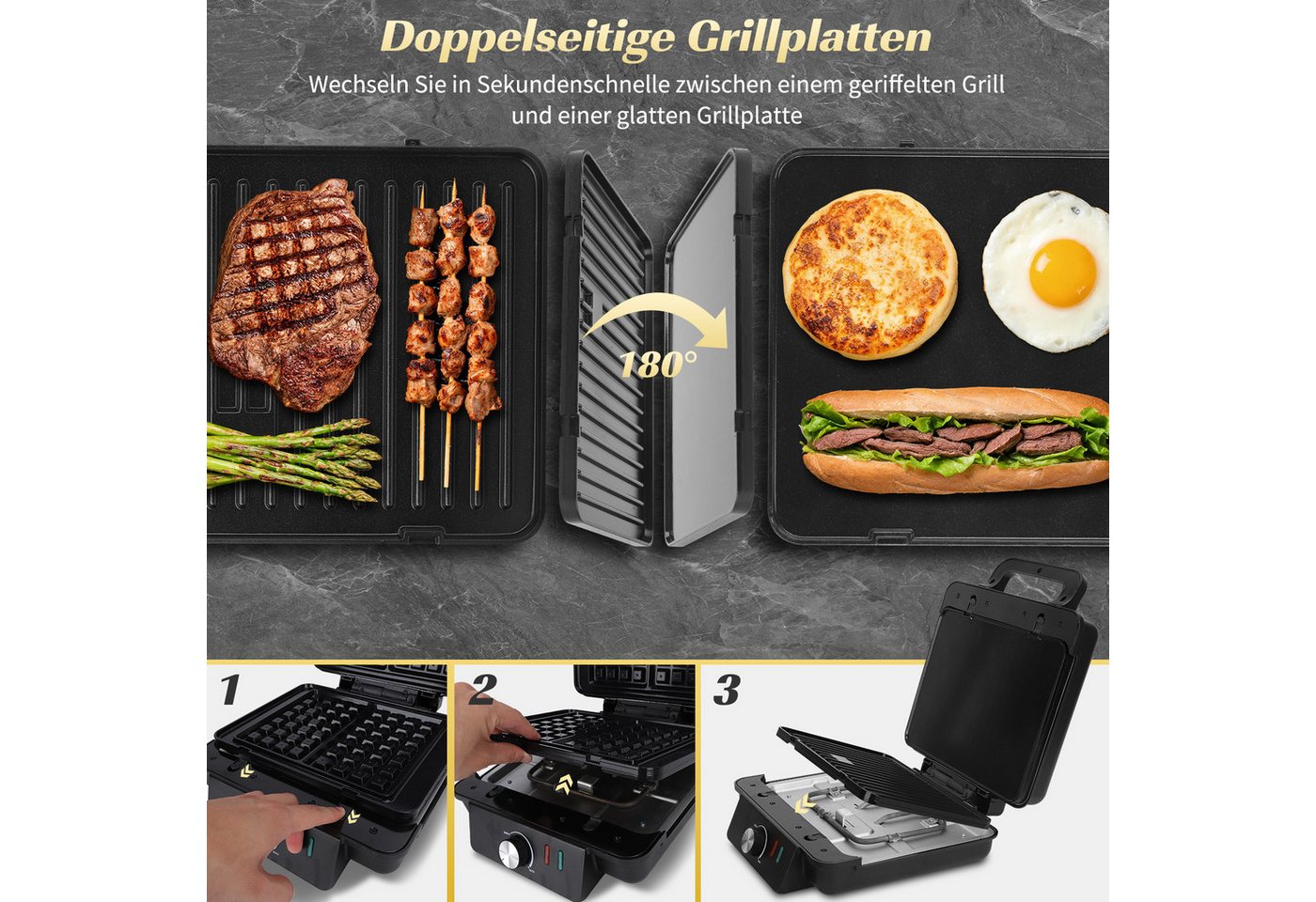 Aigostar 3-in-1-Kombi-Waffeleisen Waffeleisen, Kontaktgrill & Sandwichmaker, keram.Antihaftbeschichtung, 1500 W, einstellbare Temperatur, Multifunktionsgerät mit abnehmbaren Platten Bild 3