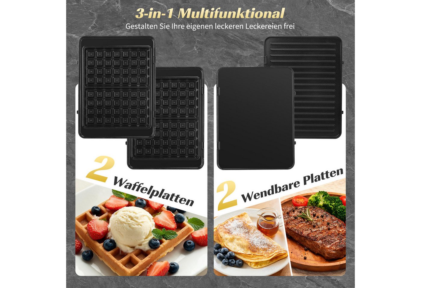 Aigostar 3-in-1-Kombi-Waffeleisen Waffeleisen, Kontaktgrill & Sandwichmaker, keram.Antihaftbeschichtung, 1500 W, einstellbare Temperatur, Multifunktionsgerät mit abnehmbaren Platten Bild 4