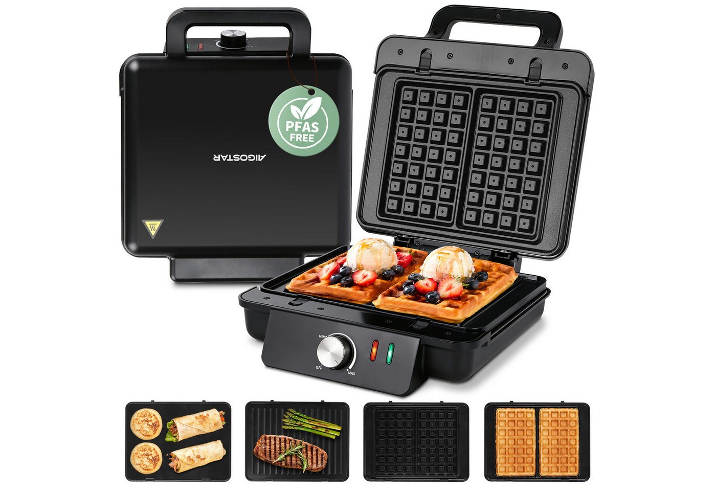 Aigostar 3-in-1-Kombi-Waffeleisen Waffeleisen, Kontaktgrill & Sandwichmaker, keram.Antihaftbeschichtung, 1500 W, einstellbare Temperatur, Multifunktionsgerät mit abnehmbaren Platten Bild 5