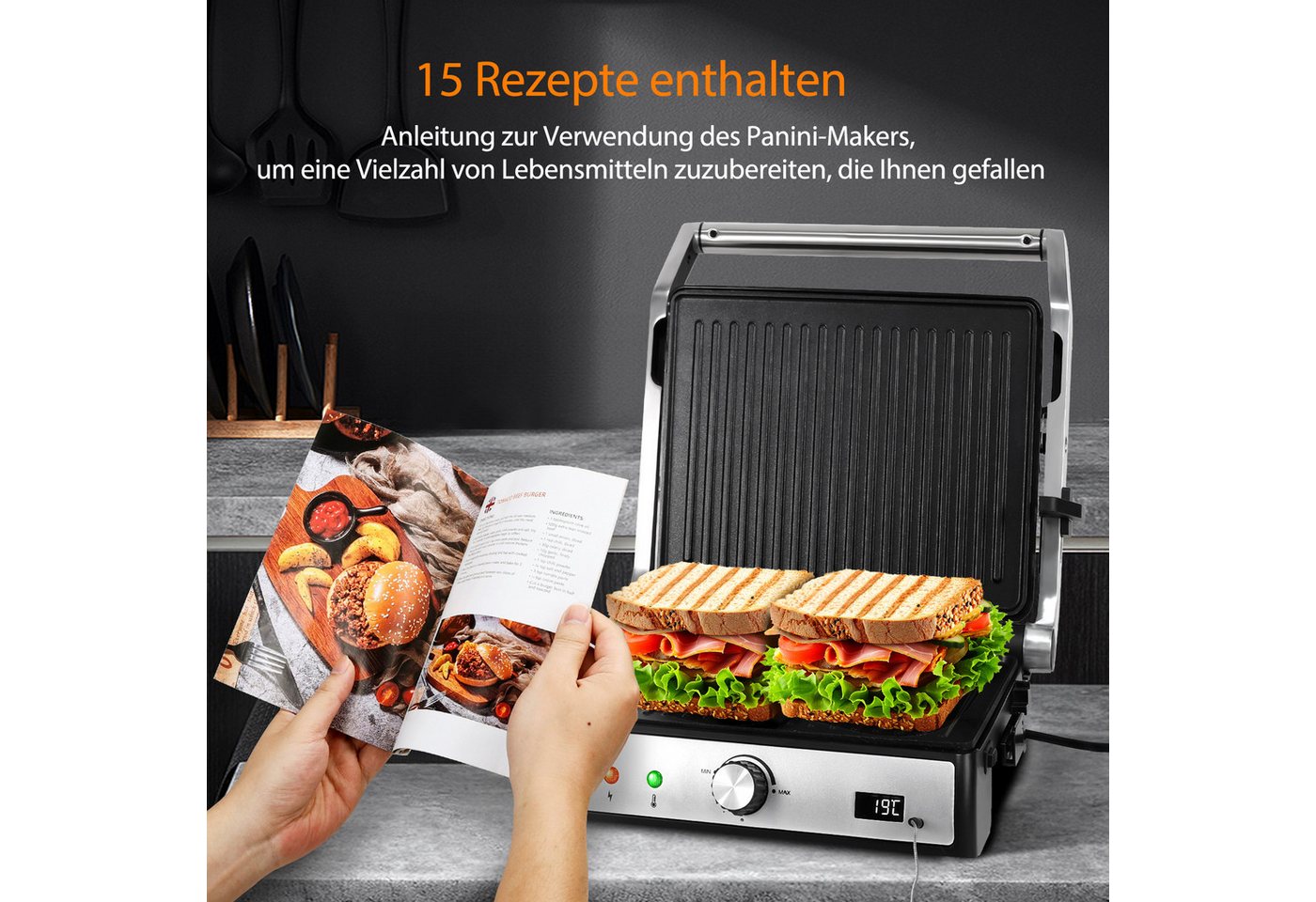 Aigostar Paninigrill Sandwichtoaster mit Lebensmittel-Sonde, Herausnehmbaren Platten, 2000 W, Automatischer Temperaturregelung, 180° Flach Aufklappbar