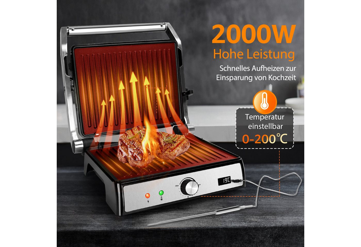 Aigostar Paninigrill Sandwichtoaster mit Lebensmittel-Sonde, Herausnehmbaren Platten, 2000 W, Automatischer Temperaturregelung, 180° Flach Aufklappbar Bild 2