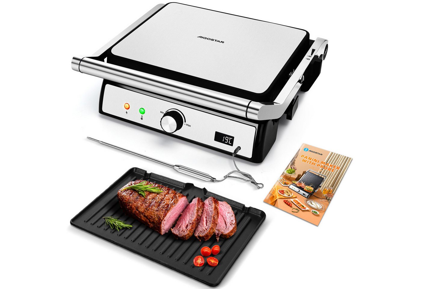 Aigostar Paninigrill Sandwichtoaster mit Lebensmittel-Sonde, Herausnehmbaren Platten, 2000 W, Automatischer Temperaturregelung, 180° Flach Aufklappbar Bild 4
