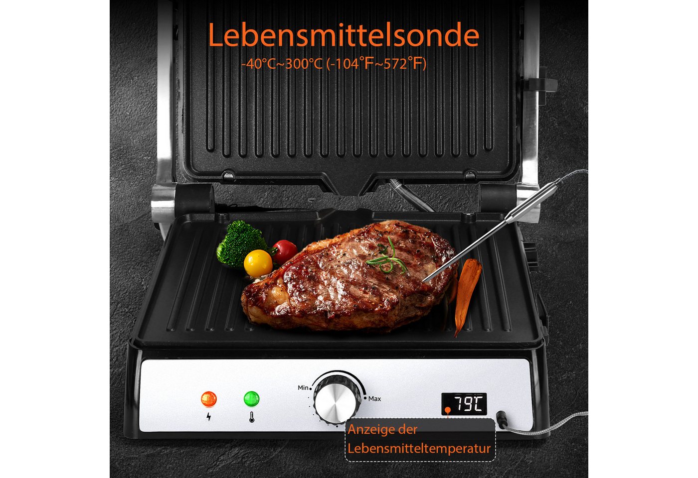 Aigostar Paninigrill Sandwichtoaster mit Lebensmittel-Sonde, Herausnehmbaren Platten, 2000 W, Automatischer Temperaturregelung, 180° Flach Aufklappbar Bild 5