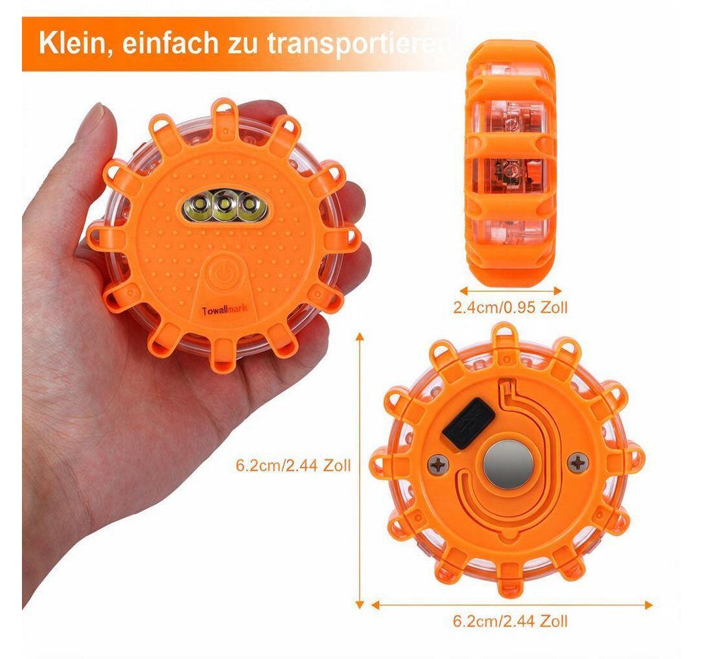 WOWDSGN LED-Warndreieck 3 Stück LED Warnleuchten mit Magnet, Haken & 9 Blinkmodi (3-St), IPX5, CE-geprüft, 100 Std. Akku, für Boote LKW Camping Wandern