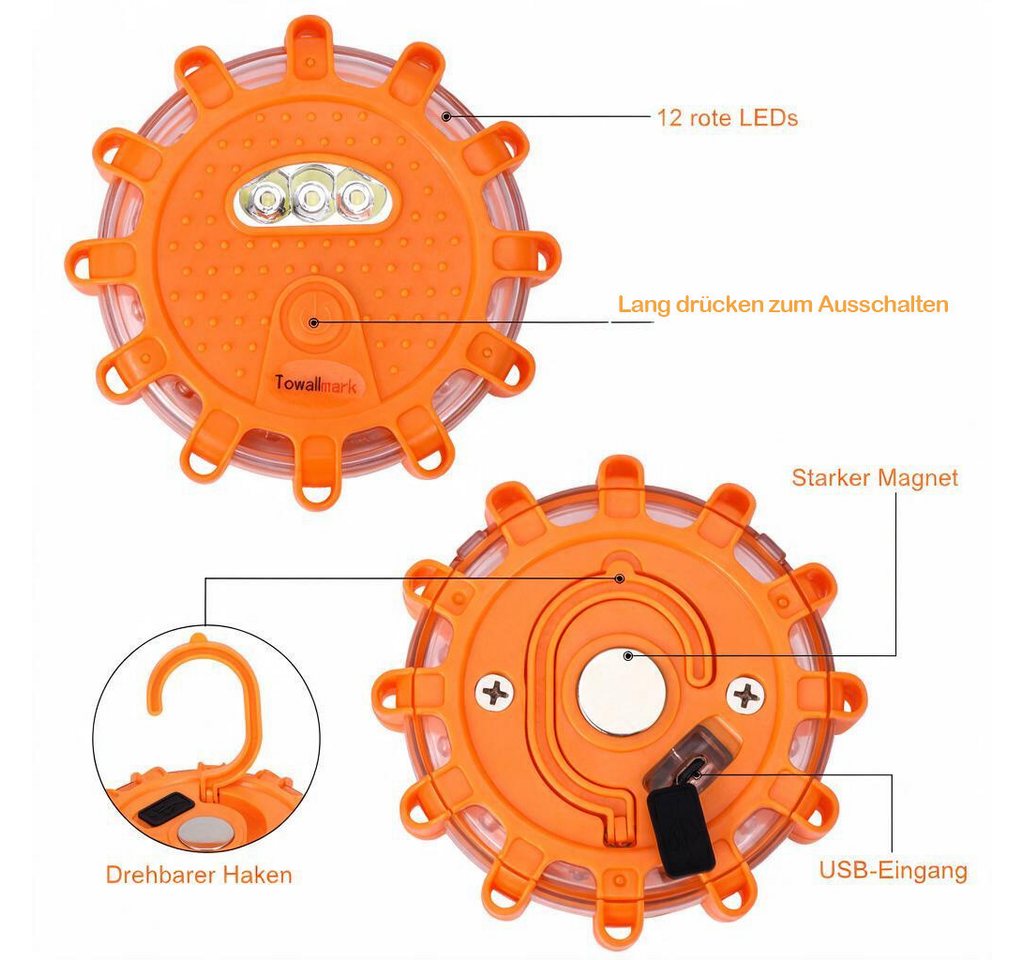 WOWDSGN LED-Warndreieck 3 Stück LED Warnleuchten mit Magnet, Haken & 9 Blinkmodi (3-St), IPX5, CE-geprüft, 100 Std. Akku, für Boote LKW Camping Wandern Bild 5