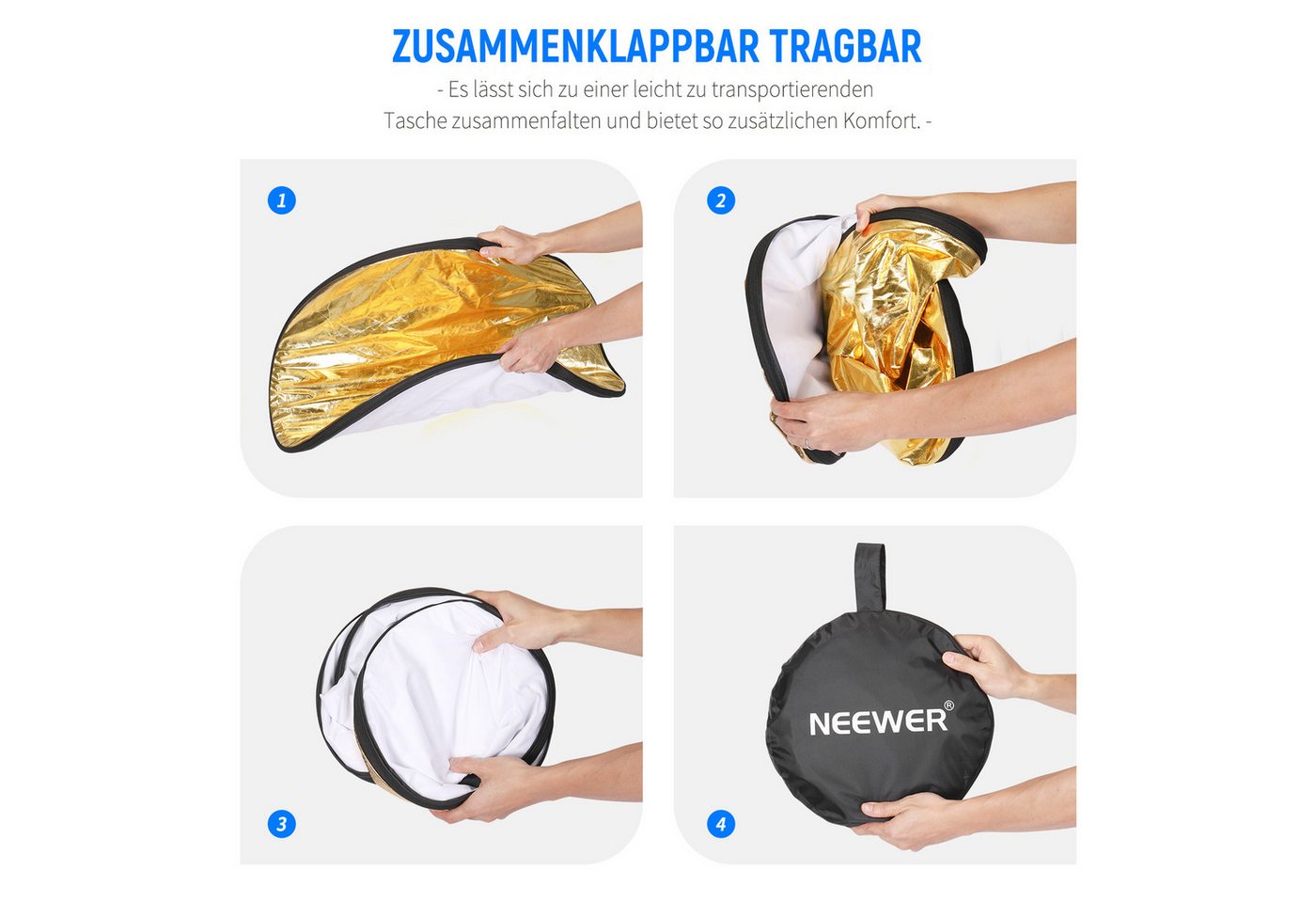 Neewer Blitzlichtreflektoren RF-60 5-in-1 60cm Lichtreflektor Diffusor, Faltbare, mit Tasche, (Packung, Farbe:Schwarz, Weiß, Gold, Grau, Silber), tragbar Fotoreflektor für Studio Fotografie Beleuchtung im Freien